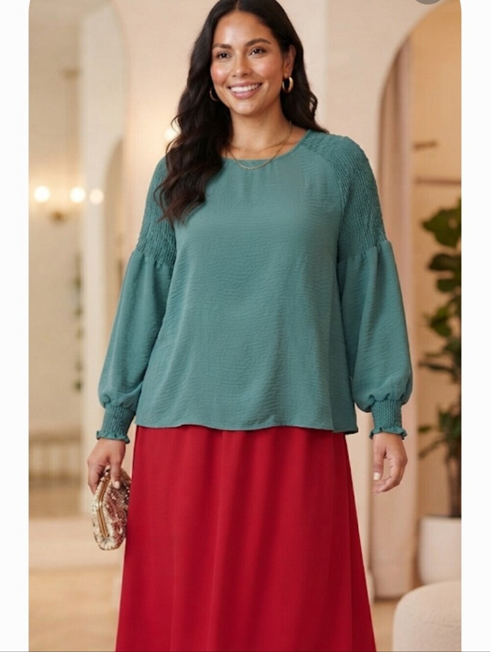 Women's Green Smocked Sleeve Blouse